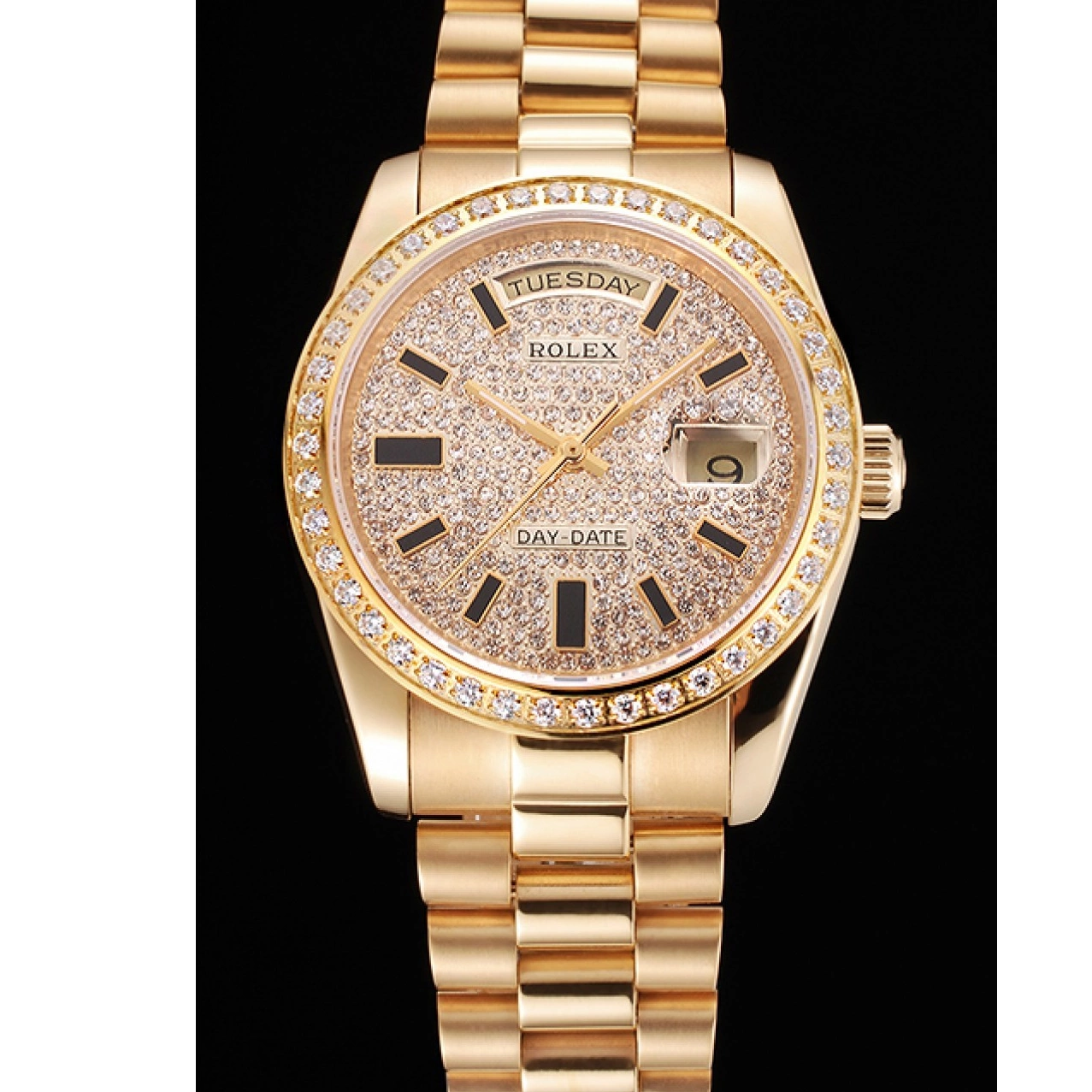 MiroTime 0811 Swiss Rolex Day Date Diamond Pave Dial And Bezel Gold Case And Bracelet